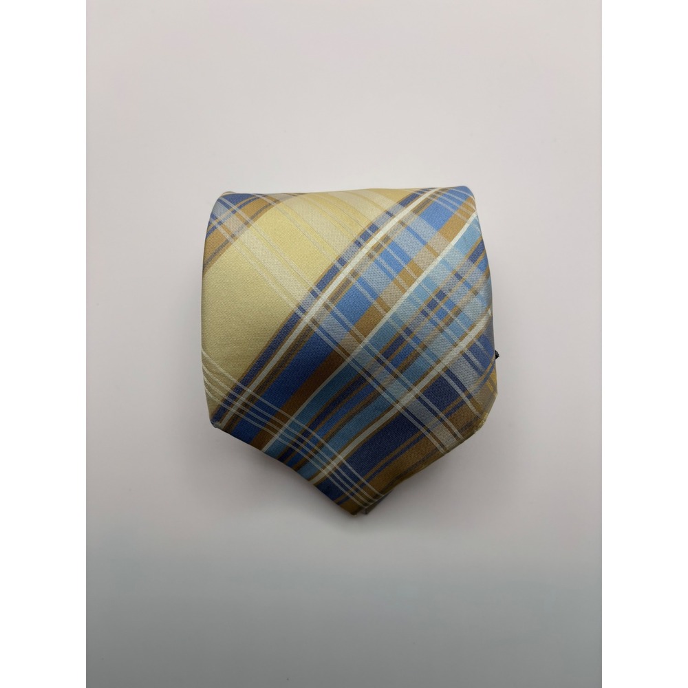 Croft & Barrow Mens Yellow Blue Plaid Silk Necktie Stain Resistant Hand Made